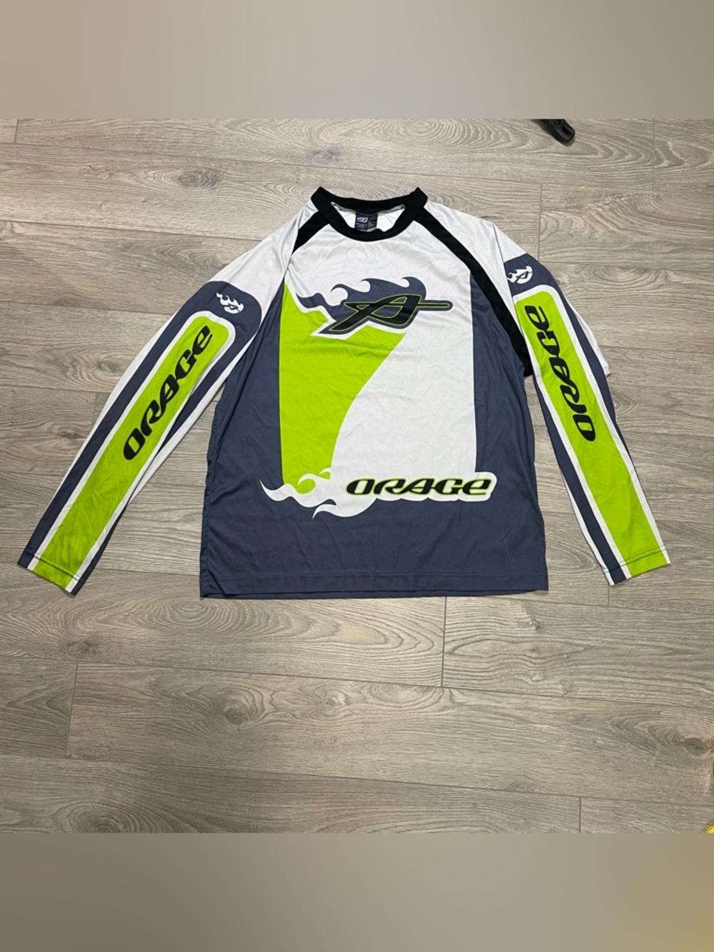 Vintage Orage Moto Jersey Y2K Long‎ Sleeve Mesh Top XL Flame Print Gorpcore